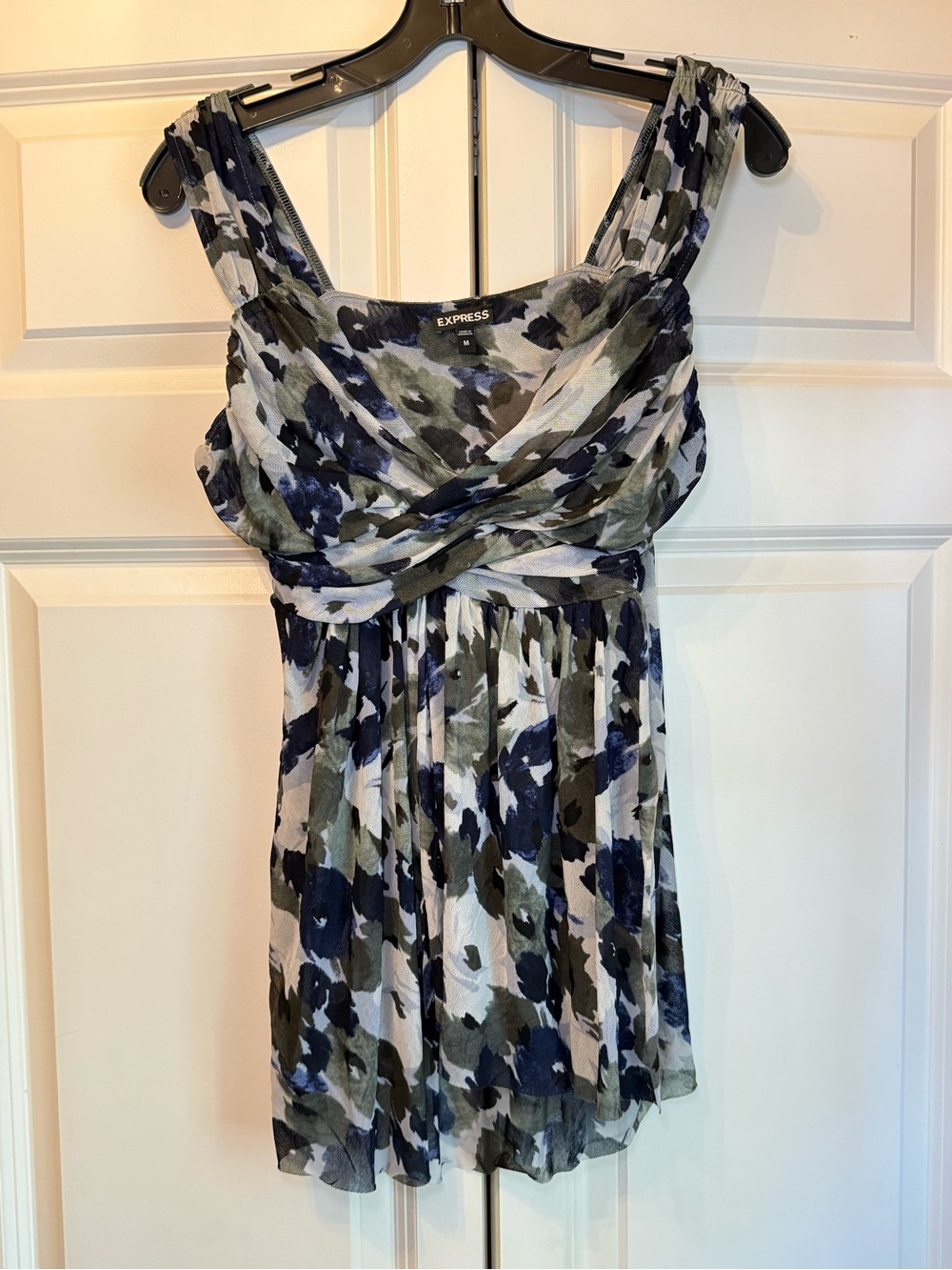 Express Olive, Navy & White Floral Pleated Flowy Mesh Tank Top